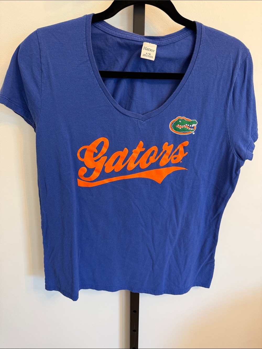 Hanes Women's Blue Gators V-Neck Tee with Orange Script